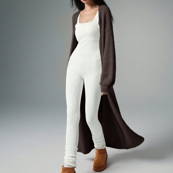 Sweaters - Coffee Brown Casual Women's Plush Extra Long Knit Cardigan